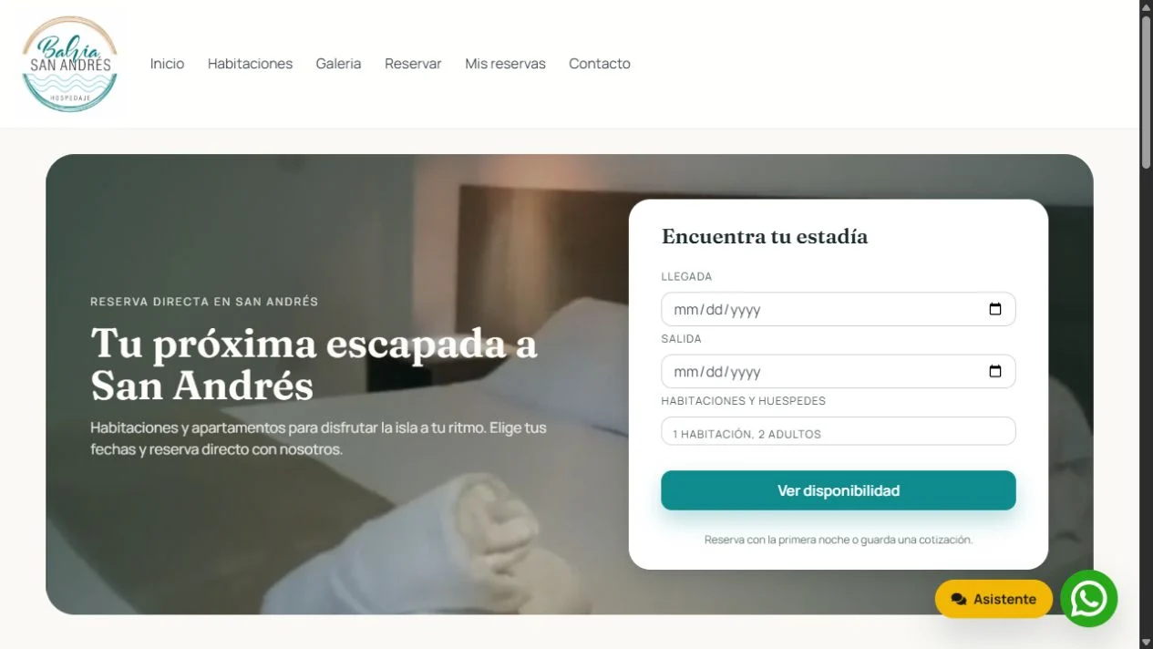 Bahía San Andrés website with accommodation information and a stay availability form.