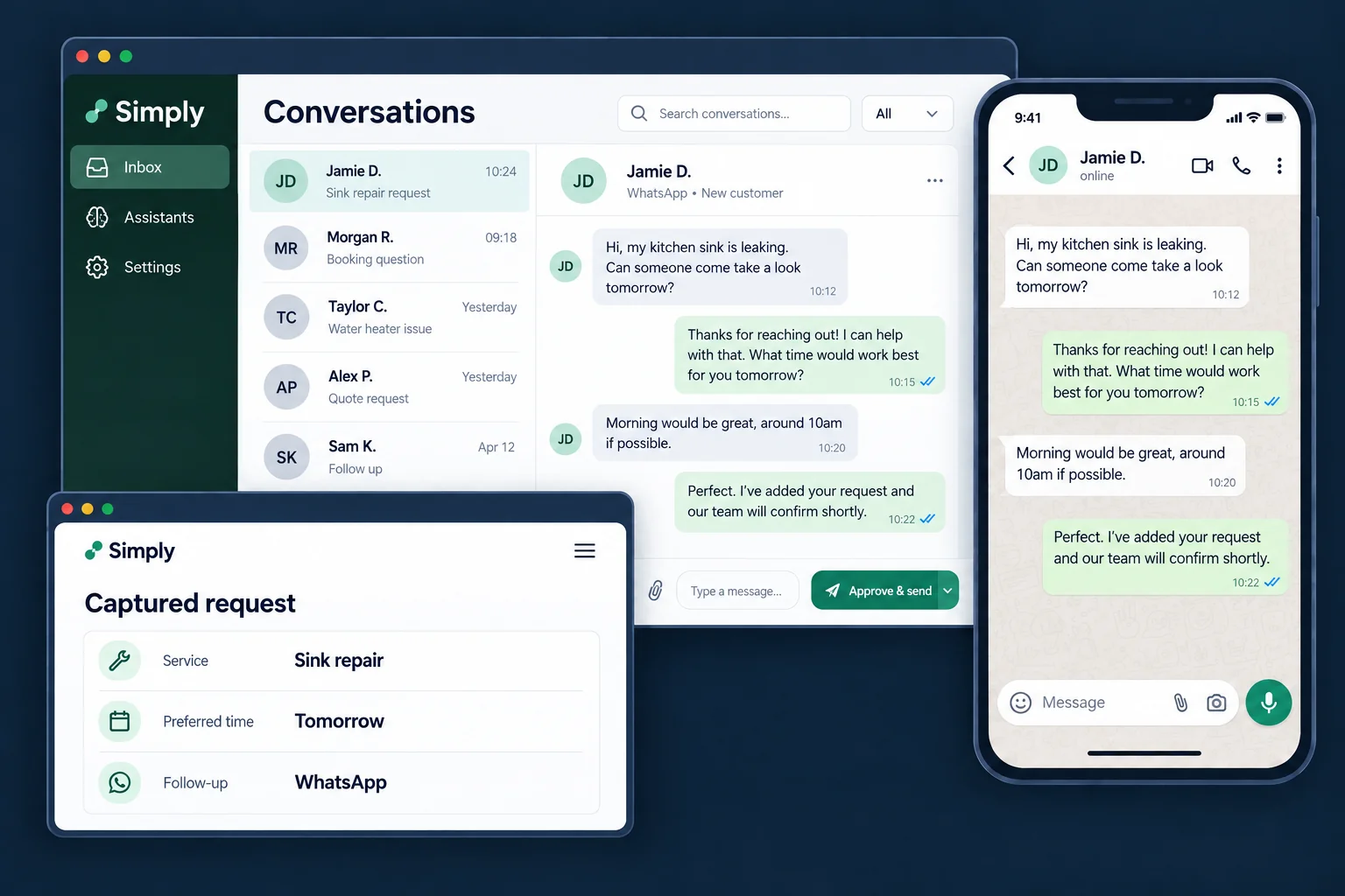 Illustrative Simply interfaces: shared team inbox, WhatsApp customer conversation, and captured service request.
