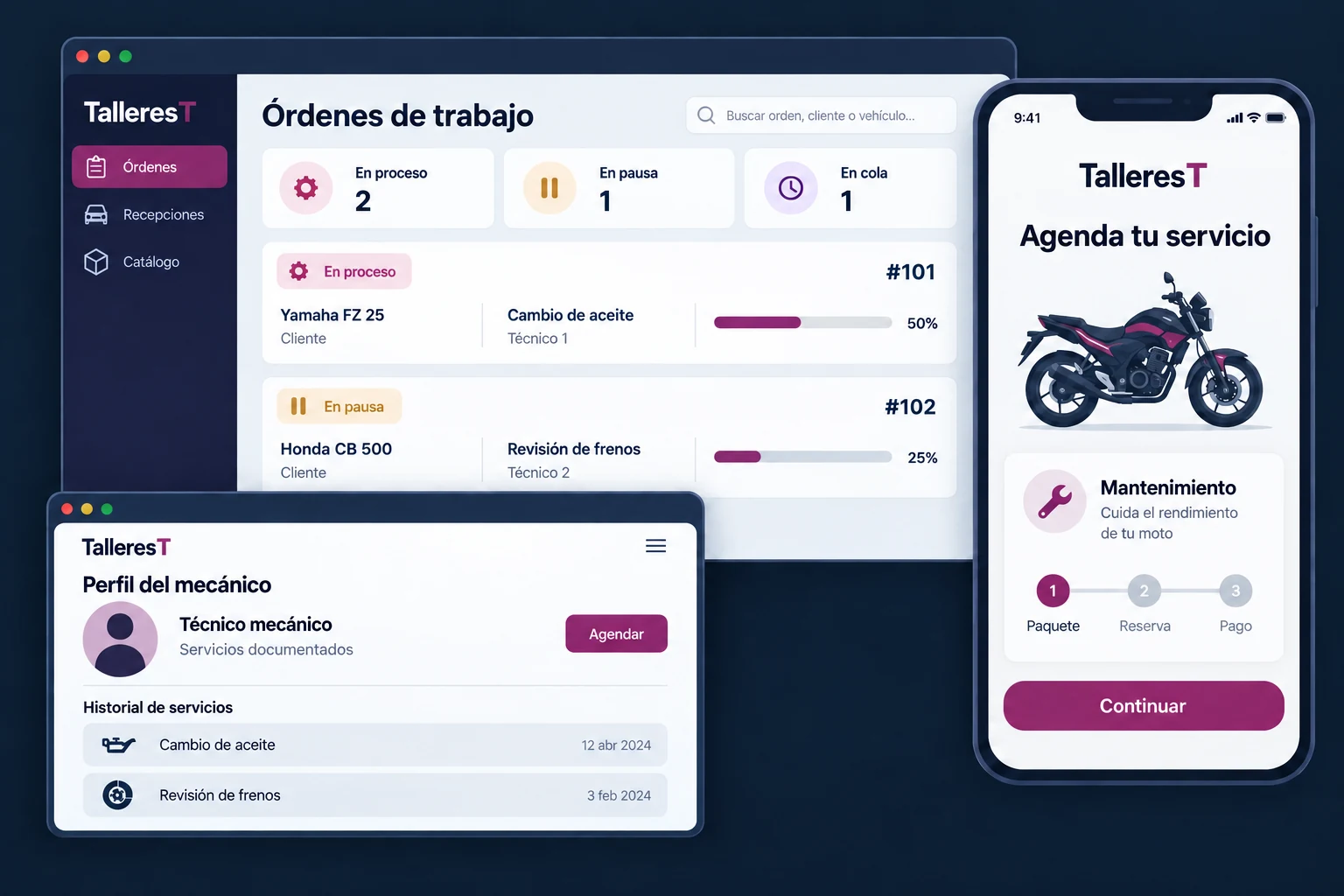 TalleresT apps for workshop work orders, customer service booking, and mechanic profiles.